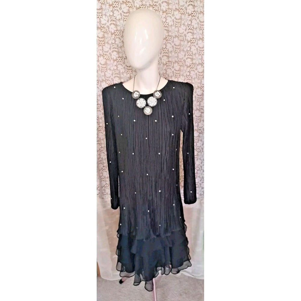 After‎ Dark Women's Black Cocktail Dress Size 9/10 Crepe Drop Waist Ruffle USA